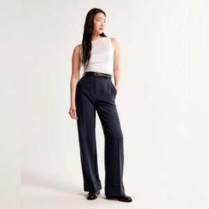Abercrombie & Fitch Cuffed Hem Tailored Wide Leg Pant Curve Love navy pinstripe